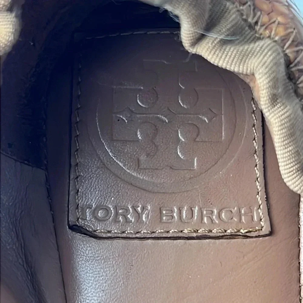 Tory Burch Leather/Fabric Bow Accent Ballet Slip-On Flats Brown Tan Size 9M